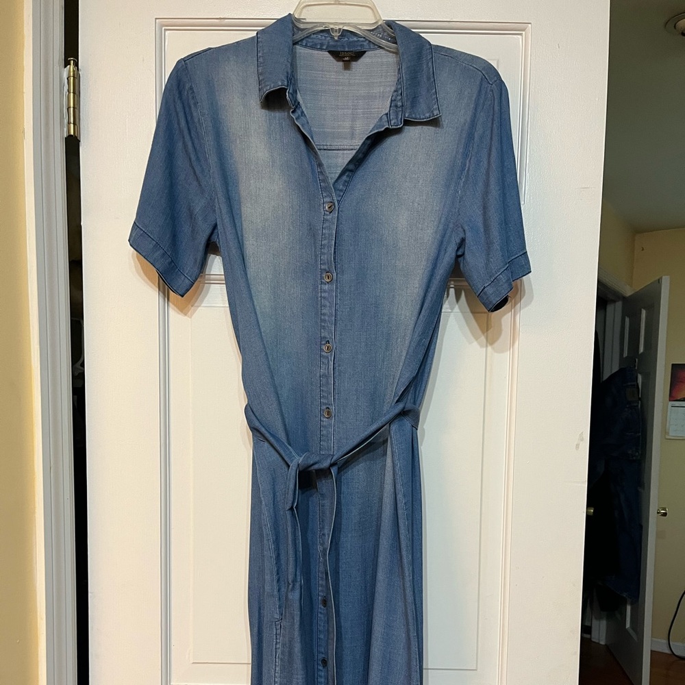 Long Soft denim dress with matching belt.